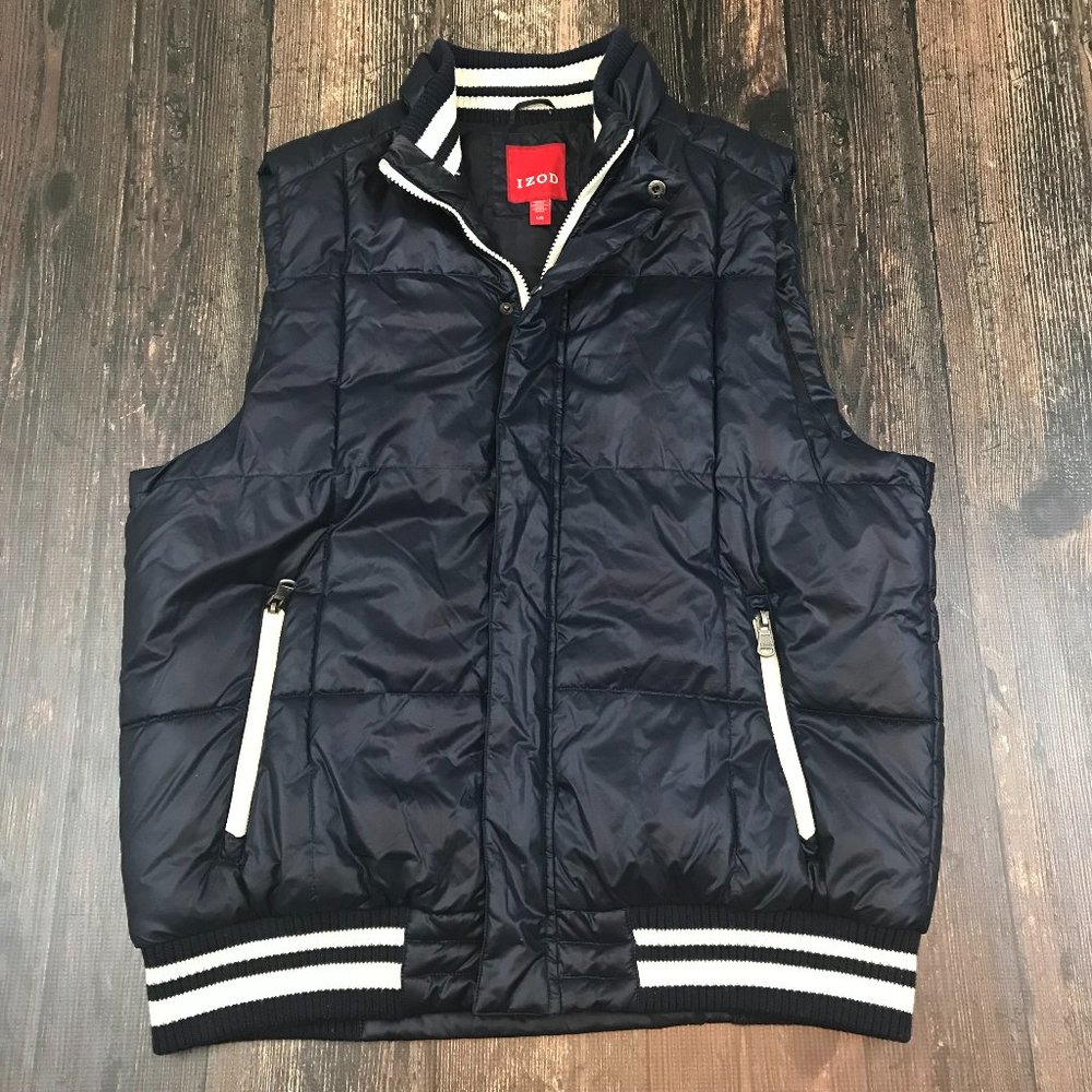 IZOD Puffer Vest Large Full Zip Poly Striped Knit Collar Waistband Navy White